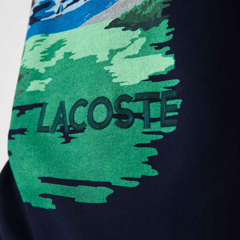 Men's Lacoste Navy Blue / Red Sweatshirts Crew Neck Landscape Print Fleece JV6-45224S1