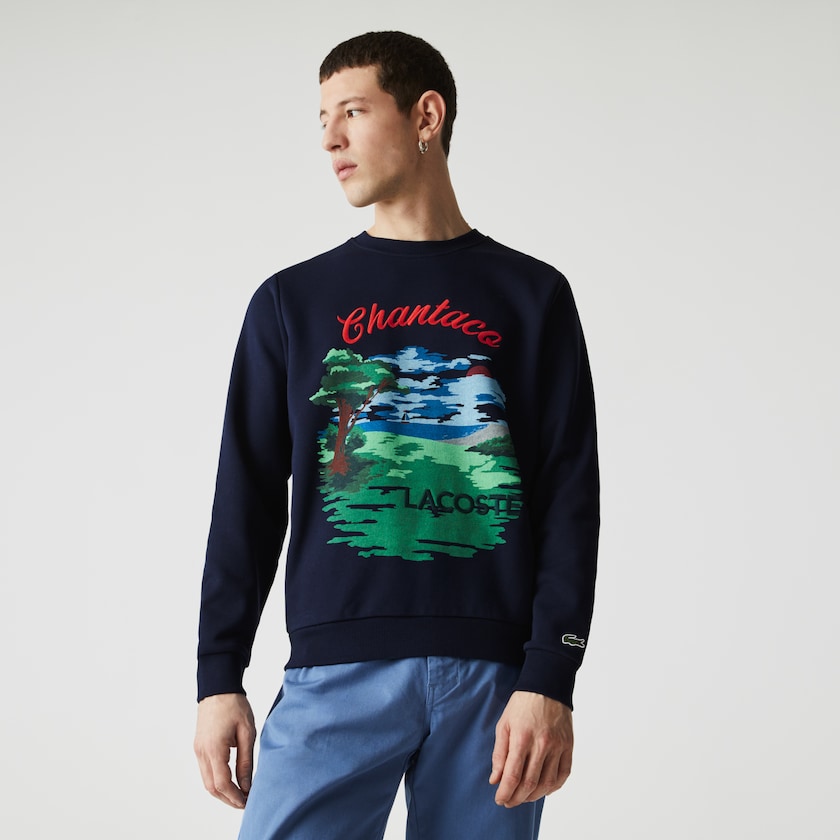 Men's Lacoste Navy Blue / Red Sweatshirts Crew Neck Landscape Print Fleece JV6-45224S1