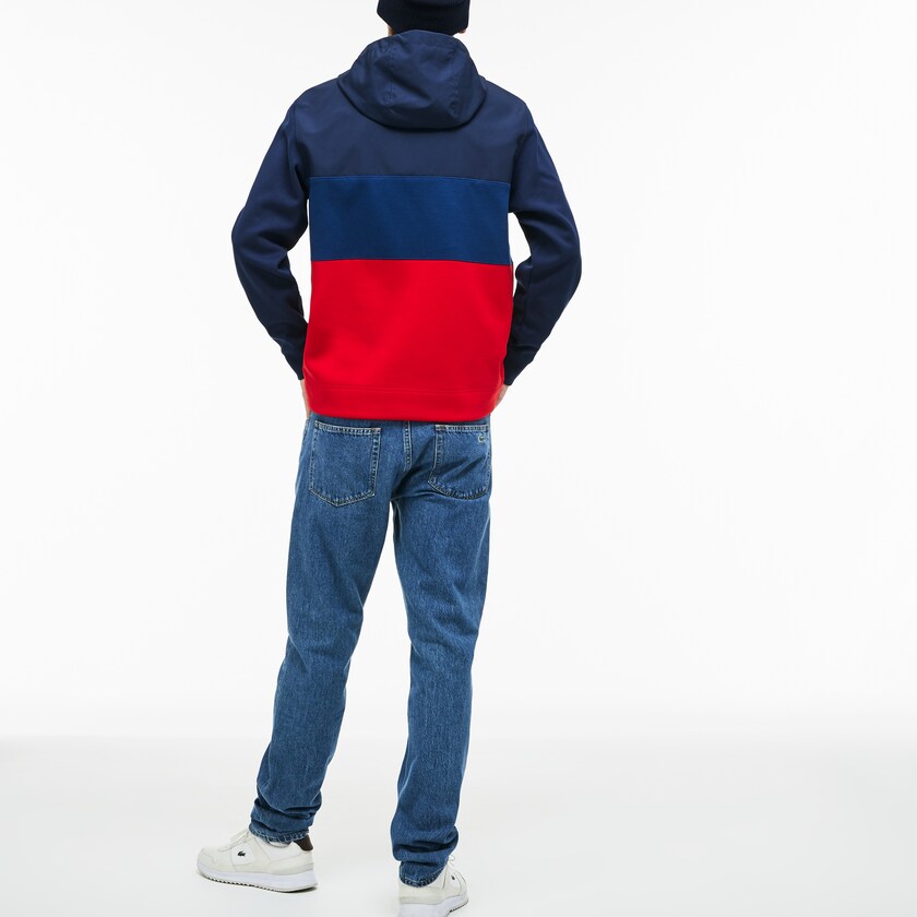 Men's Lacoste Navy Blue / Red Sweatshirts Hooded Colorblock Fleece Jersey MI8-07710E4