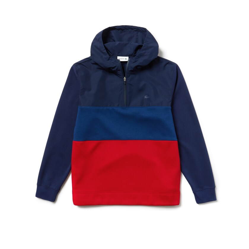 Men's Lacoste Navy Blue / Red Sweatshirts Hooded Colorblock Fleece Jersey MI8-07710E4
