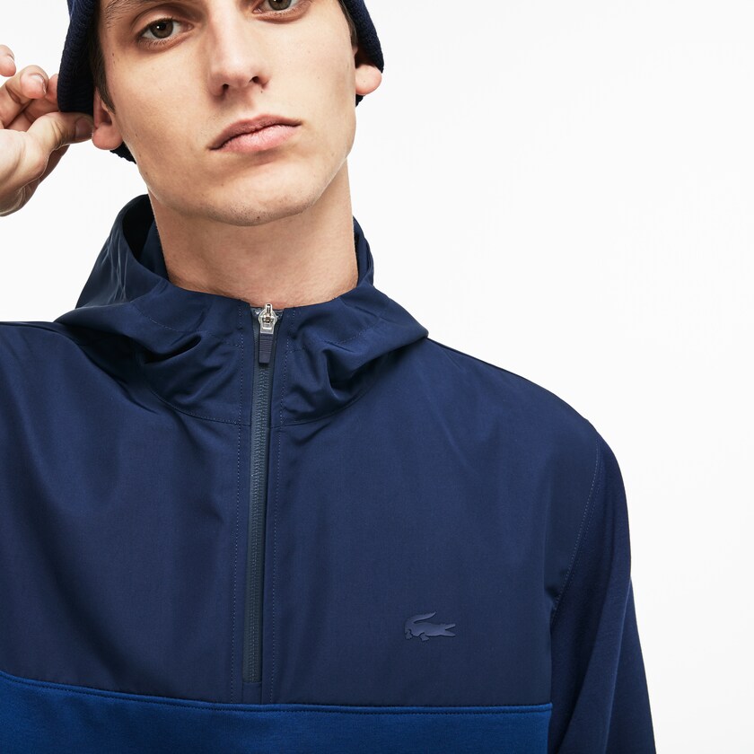 Men's Lacoste Navy Blue / Red Sweatshirts Hooded Colorblock Fleece Jersey MI8-07710E4