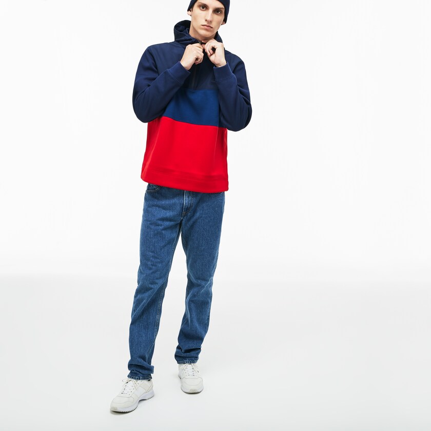 Men's Lacoste Navy Blue / Red Sweatshirts Hooded Colorblock Fleece Jersey MI8-07710E4