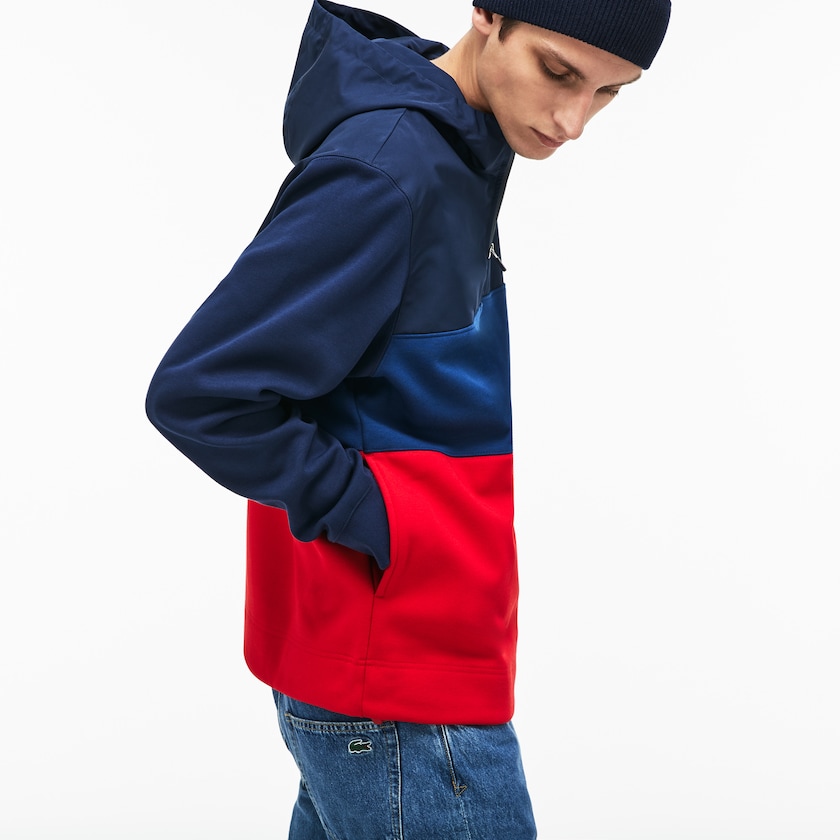 Men's Lacoste Navy Blue / Red Sweatshirts Hooded Colorblock Fleece Jersey MI8-07710E4