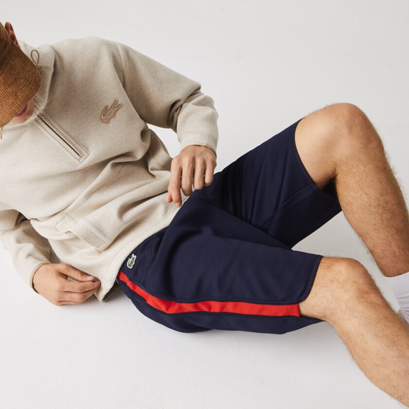 Men's Lacoste Navy Blue / Red Shorts SPORT Contrast Bands Cotton Blend FN6-97679T3