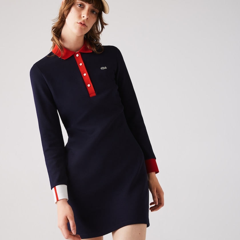 Women's Lacoste Navy Blue / Red / White Polo Dress Made In France Stretch Cotton Jersey BL1-54185M6