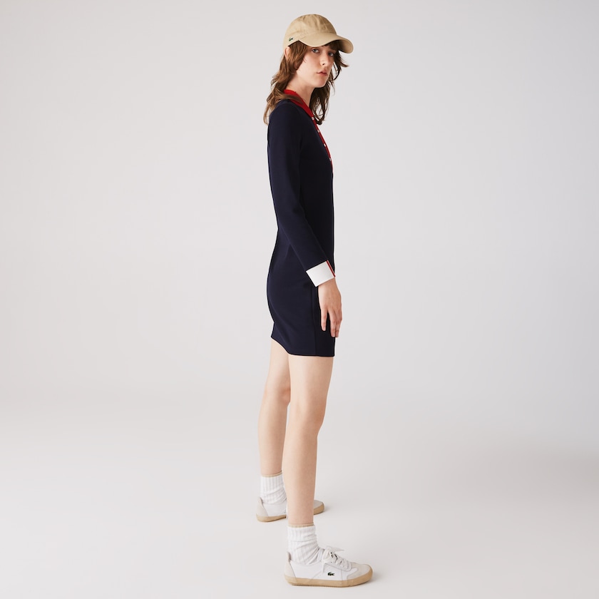 Women's Lacoste Navy Blue / Red / White Polo Dress Made In France Stretch Cotton Jersey BL1-54185M6
