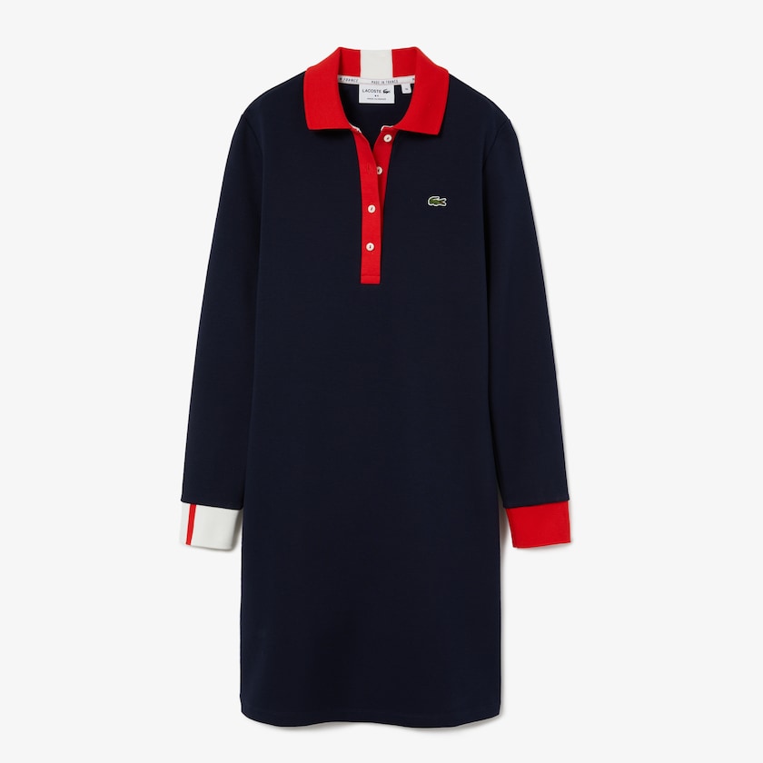 Women's Lacoste Navy Blue / Red / White Polo Dress Made In France Stretch Cotton Jersey BL1-54185M6