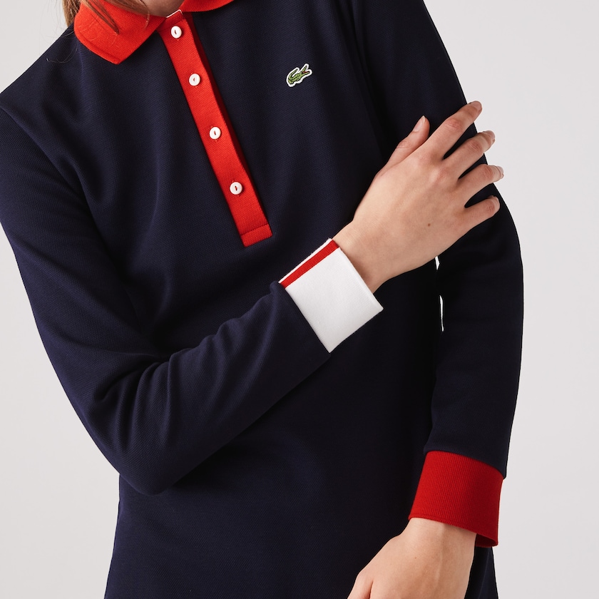 Women's Lacoste Navy Blue / Red / White Polo Dress Made In France Stretch Cotton Jersey BL1-54185M6
