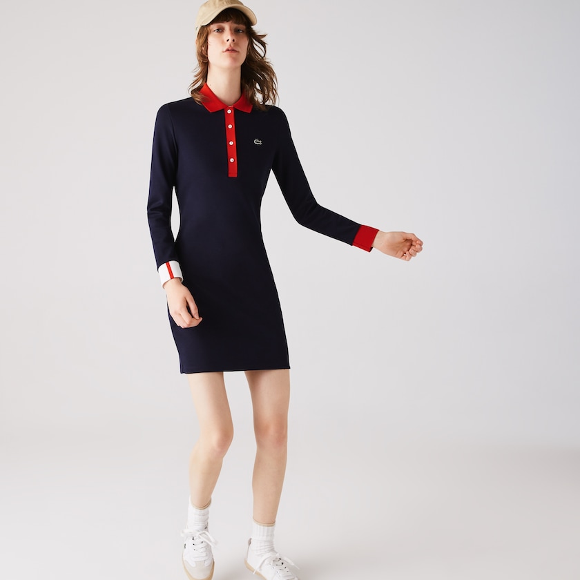 Women's Lacoste Navy Blue / Red / White Polo Dress Made In France Stretch Cotton Jersey BL1-54185M6