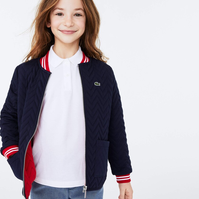 Kids' Lacoste Navy Blue / Red / White Jackets Striped Detail Zippered Quilted Cotton Teddy JW5-92989G4