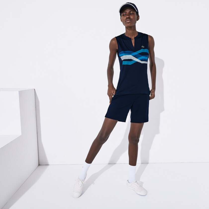 Women's Lacoste Navy Blue / Turquoise / Blue / White Polo Shirts SPORT Ultra Dry Geometric Print Performance MW0-52405J1
