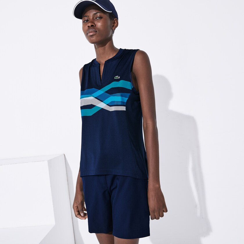 Women's Lacoste Navy Blue / Turquoise / Blue / White Polo Shirts SPORT Ultra Dry Geometric Print Performance MW0-52405J1