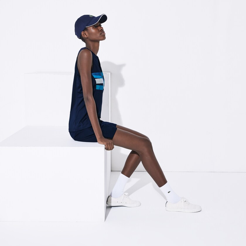 Women's Lacoste Navy Blue / Turquoise / Blue / White Polo Shirts SPORT Ultra Dry Geometric Print Performance MW0-52405J1