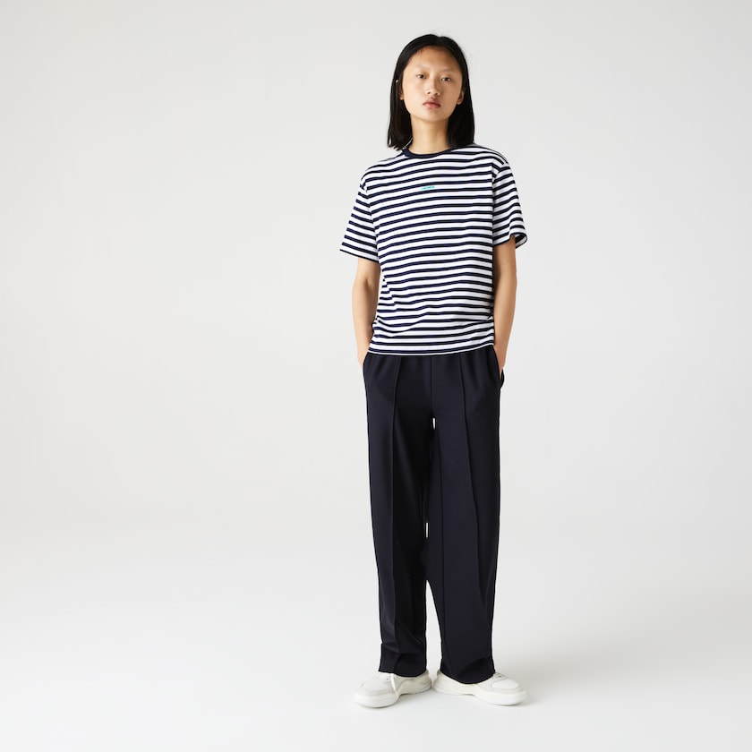 Women's Lacoste Navy Blue / White T Shirts Crew Neck Branded Striped Cotton TK7-41384X7