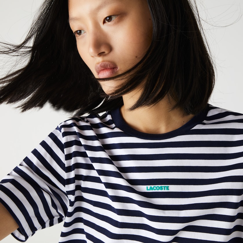 Women's Lacoste Navy Blue / White T Shirts Crew Neck Branded Striped Cotton TK7-41384X7