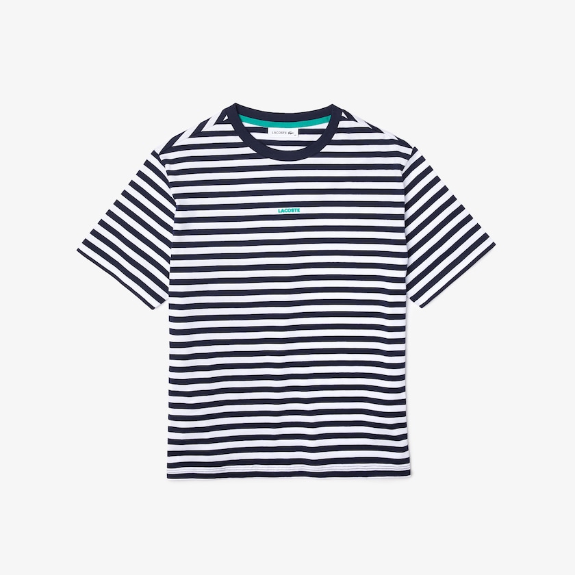 Women's Lacoste Navy Blue / White T Shirts Crew Neck Branded Striped Cotton TK7-41384X7
