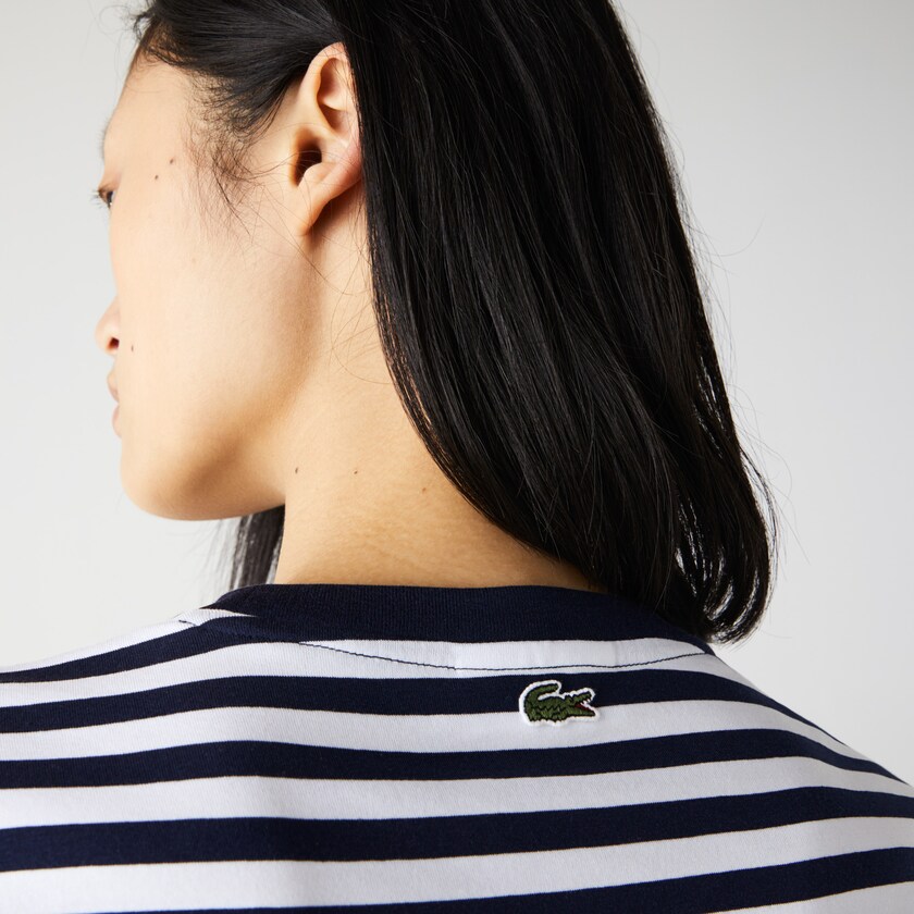 Women's Lacoste Navy Blue / White T Shirts Crew Neck Branded Striped Cotton TK7-41384X7