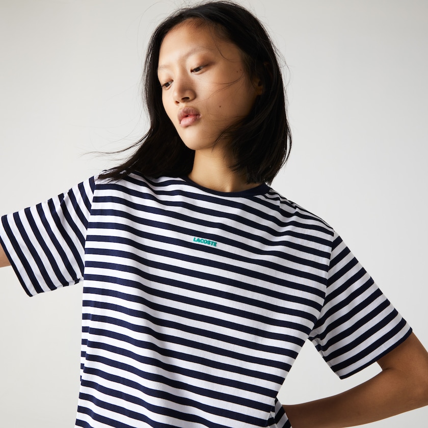 Women's Lacoste Navy Blue / White T Shirts Crew Neck Branded Striped Cotton TK7-41384X7