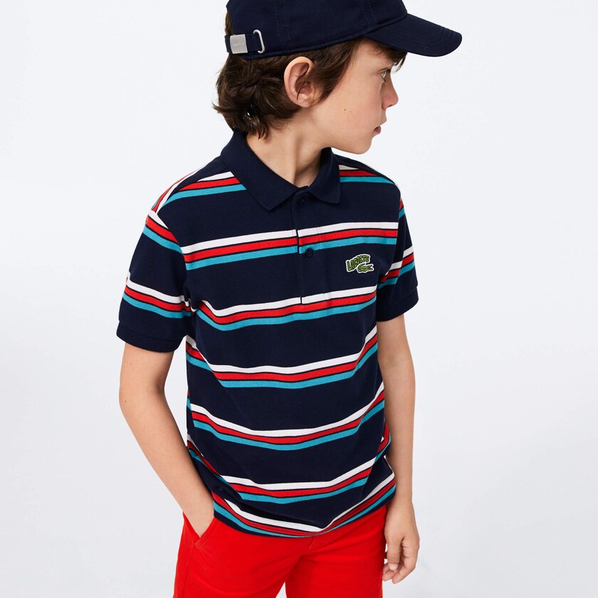 Kids' Lacoste Navy Blue / White Polo Shirts Embroidered Logo Striped FX0-36593J5