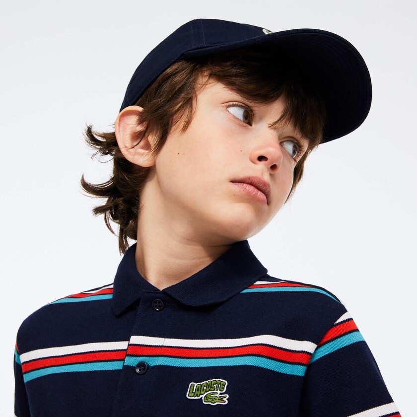 Kids' Lacoste Navy Blue / White Polo Shirts Embroidered Logo Striped FX0-36593J5