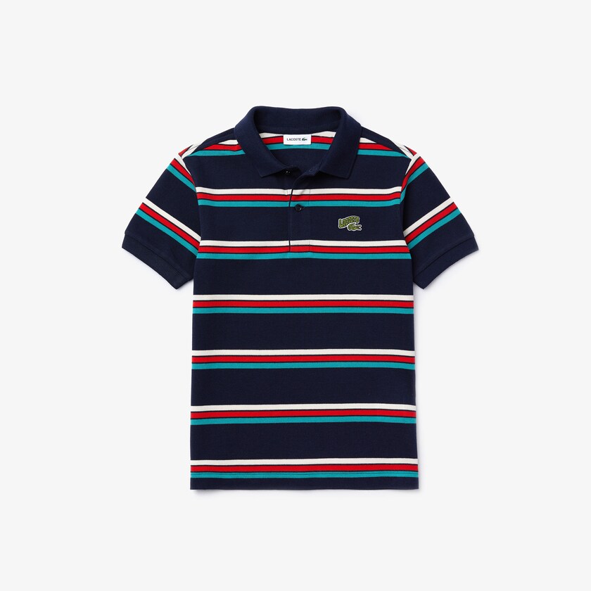 Kids' Lacoste Navy Blue / White Polo Shirts Embroidered Logo Striped FX0-36593J5