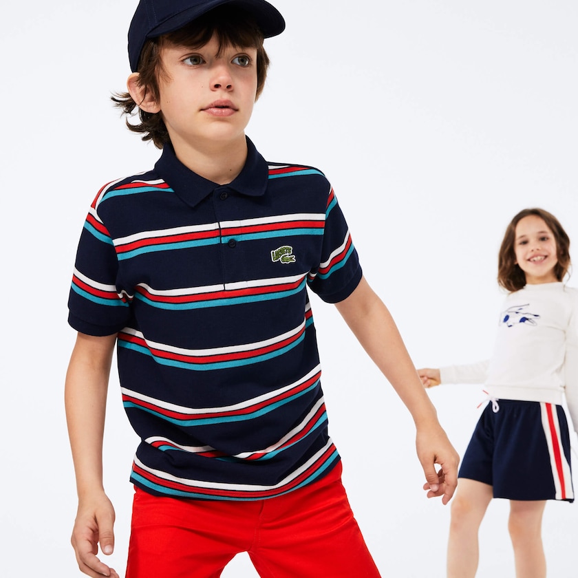 Kids' Lacoste Navy Blue / White Polo Shirts Embroidered Logo Striped FX0-36593J5