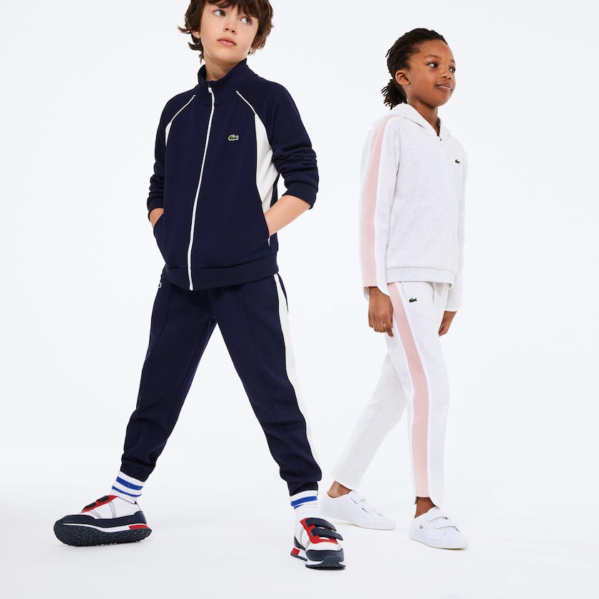 Kids' Lacoste Navy Blue / White Sweatshirts Full-Zip Contrast Side Panels Fleece WJ8-76357E8
