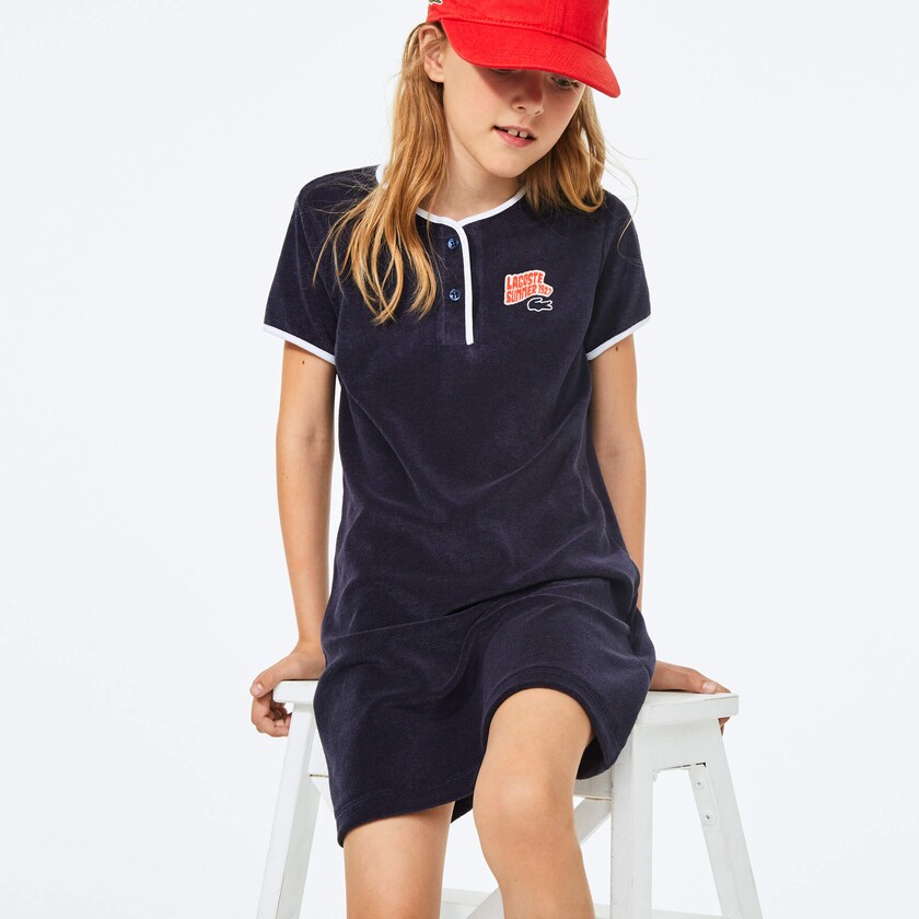 Kids' Lacoste Navy Blue / White Dress Heart Embroidery Henley VD6-75397K4