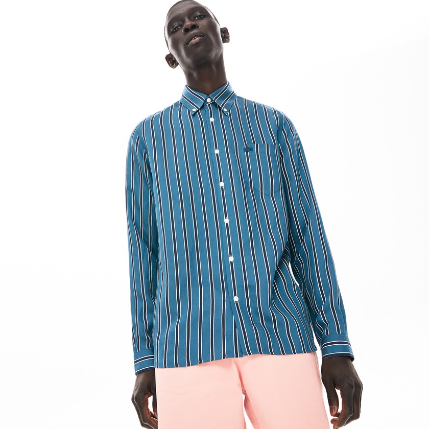 Men's Lacoste Navy Blue / White Shirts Lightweight Striped KJ9-55075P4