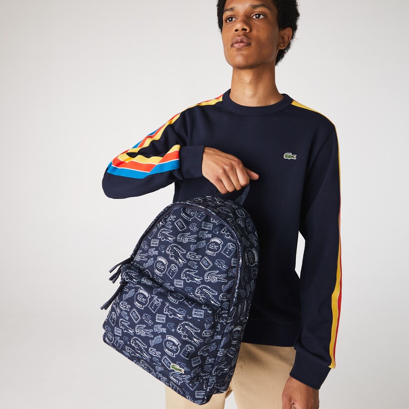 Men's Lacoste Navy Blue / White Backpacks Neocroc Pattern Canvas ED0-00580T1