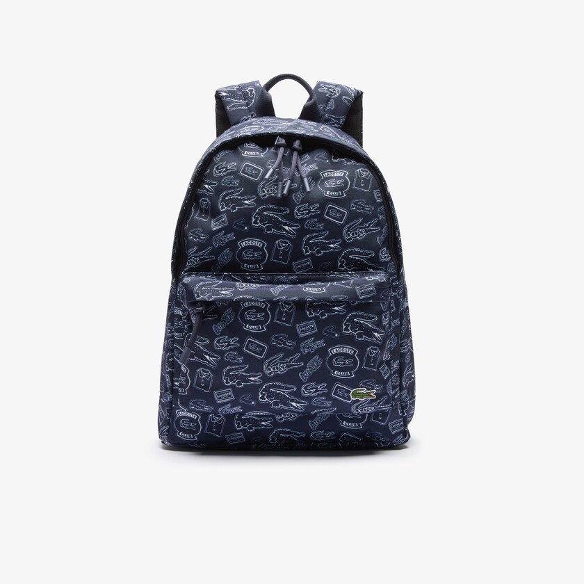 Men's Lacoste Navy Blue / White Backpacks Neocroc Pattern Canvas ED0-00580T1