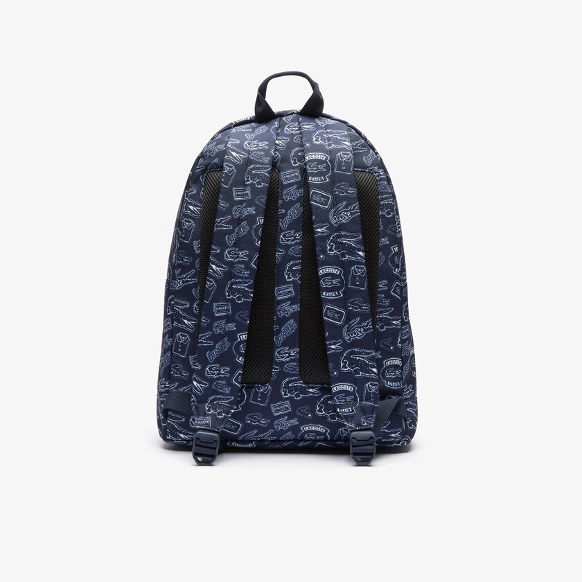 Men's Lacoste Navy Blue / White Backpacks Neocroc Pattern Canvas ED0-00580T1