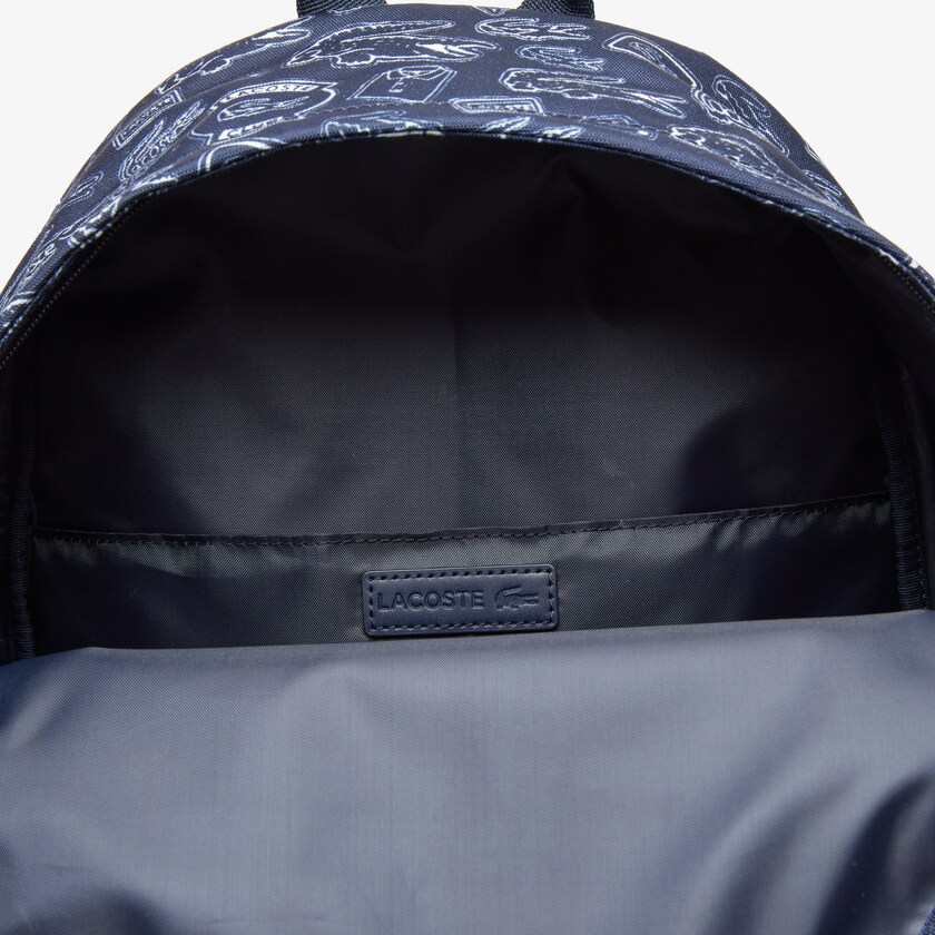 Men's Lacoste Navy Blue / White Backpacks Neocroc Pattern Canvas ED0-00580T1