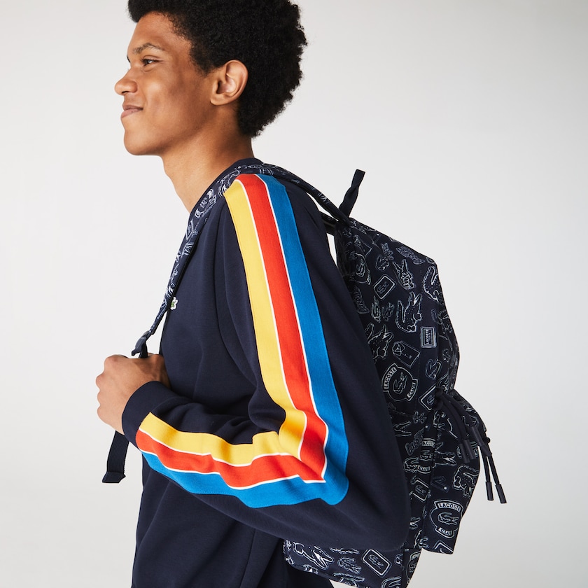 Men's Lacoste Navy Blue / White Backpacks Neocroc Pattern Canvas ED0-00580T1