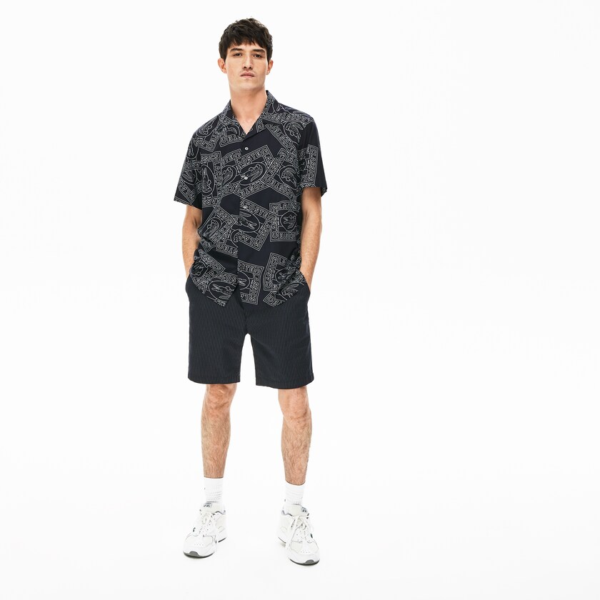 Men's Lacoste Navy Blue / White Shorts Pinstriped Linen- Blend Bermuda VZ3-86508U9