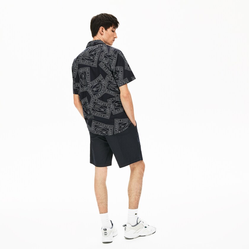 Men's Lacoste Navy Blue / White Shorts Pinstriped Linen- Blend Bermuda VZ3-86508U9