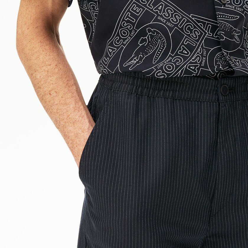 Men's Lacoste Navy Blue / White Shorts Pinstriped Linen- Blend Bermuda VZ3-86508U9
