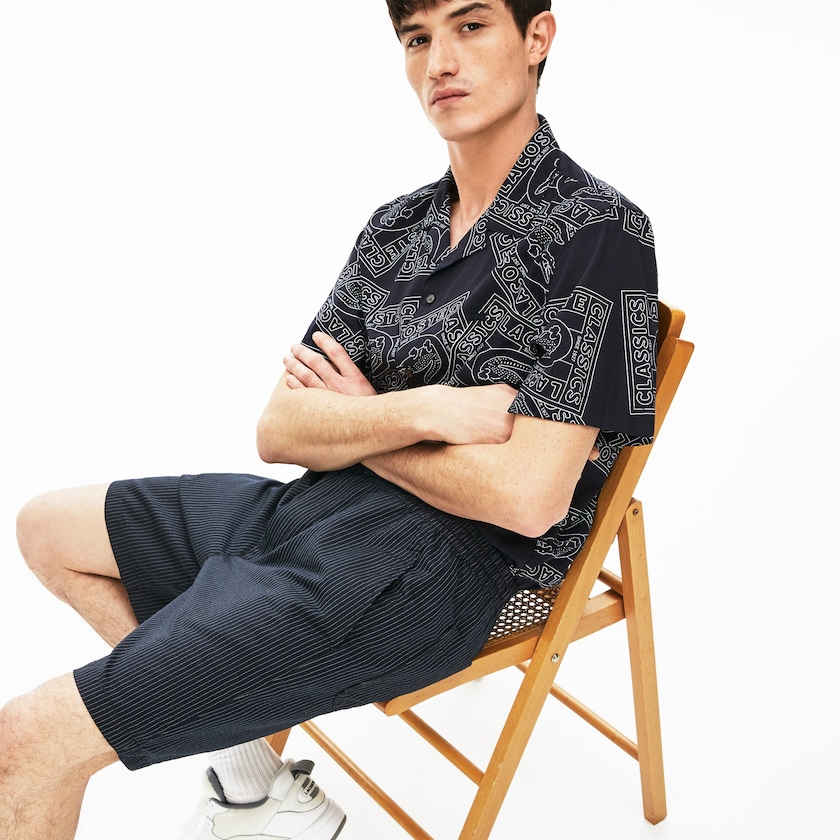 Men's Lacoste Navy Blue / White Shorts Pinstriped Linen- Blend Bermuda VZ3-86508U9