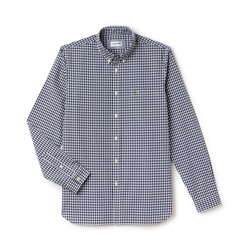 Men's Lacoste Navy Blue / White Shirts Regular Fit Mini Check Poplin VB4-77317X3