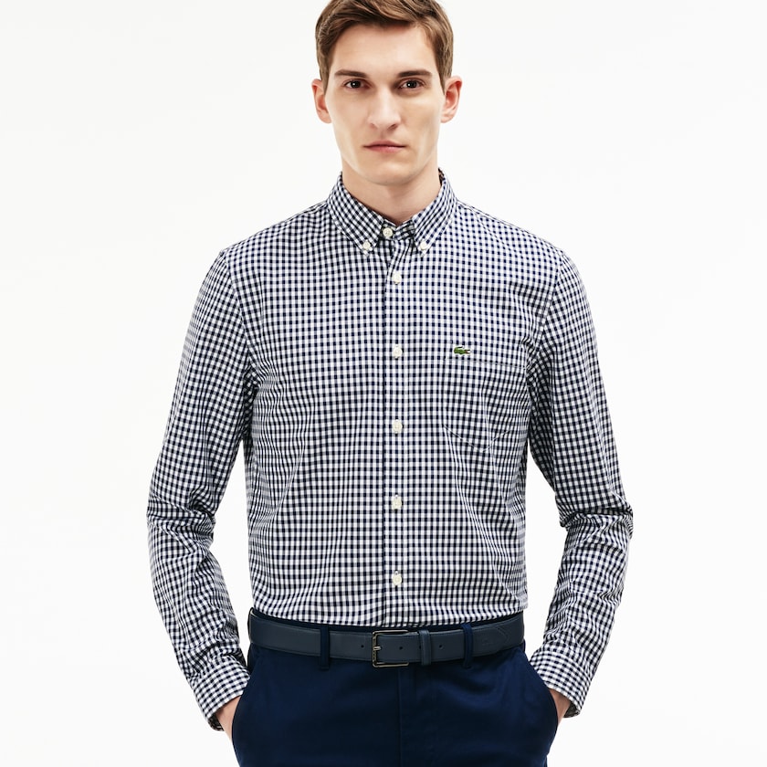 Men's Lacoste Navy Blue / White Shirts Regular Fit Mini Check Poplin VB4-77317X3