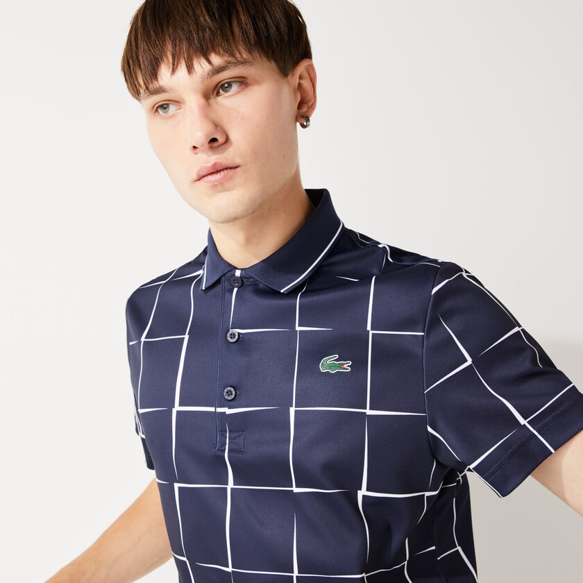 Men's Lacoste Navy Blue / White Shirts SPORT Breathable Print Piqué Tennis Polo XH7-57235L1