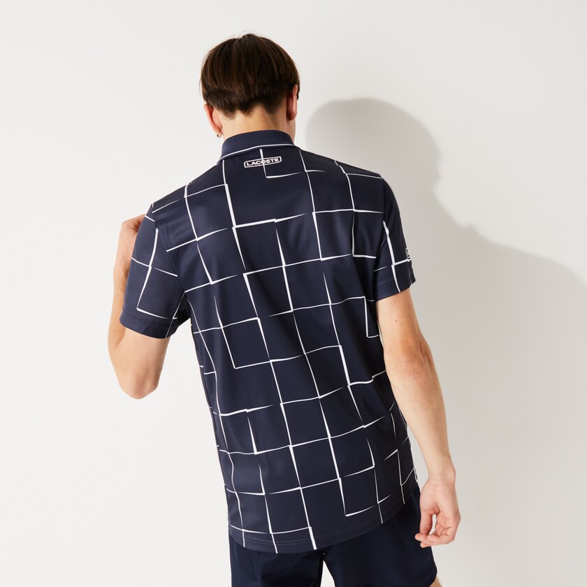 Men's Lacoste Navy Blue / White Shirts SPORT Breathable Print Piqué Tennis Polo XH7-57235L1