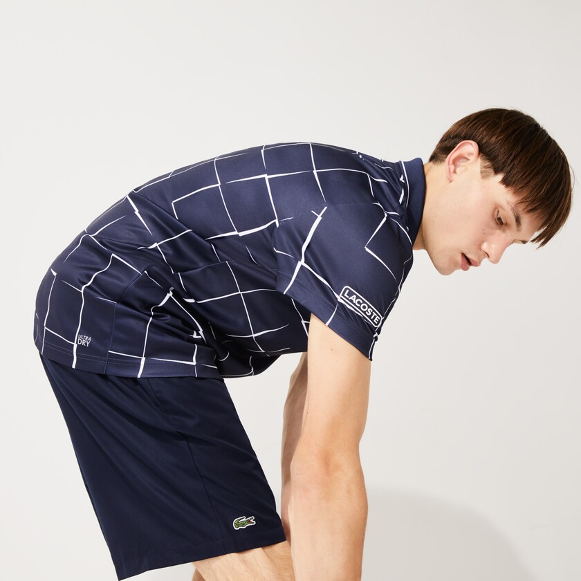 Men's Lacoste Navy Blue / White Shirts SPORT Breathable Print Piqué Tennis Polo XH7-57235L1