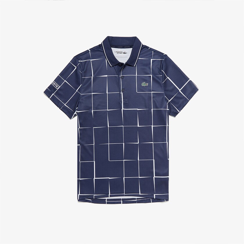 Men's Lacoste Navy Blue / White Shirts SPORT Breathable Print Piqué Tennis Polo XH7-57235L1