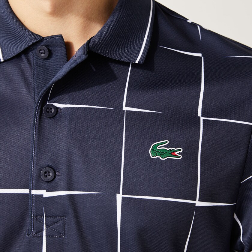 Men's Lacoste Navy Blue / White Shirts SPORT Breathable Print Piqué Tennis Polo XH7-57235L1