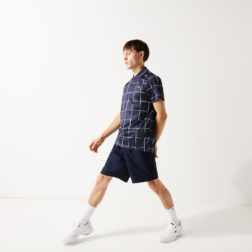 Men's Lacoste Navy Blue / White Shirts SPORT Breathable Print Piqué Tennis Polo XH7-57235L1