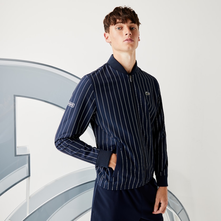 Men's Lacoste Navy Blue / White Jackets SPORT x Novak Djokovic Striped Bomber EB5-15821P0