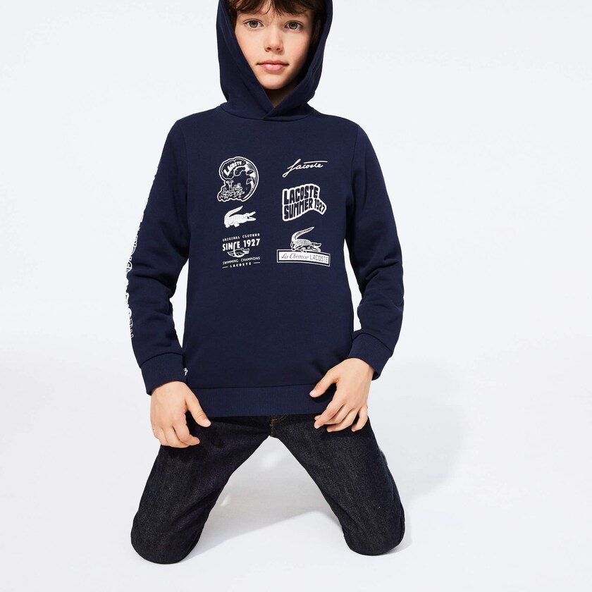 Kids' Lacoste Navy Blue / White Sweatshirts Signature Logos Cotton-Blend Hoodie JW9-29892U6