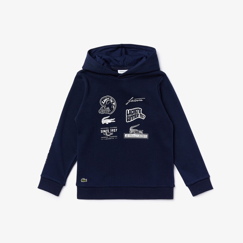Kids' Lacoste Navy Blue / White Sweatshirts Signature Logos Cotton-Blend Hoodie JW9-29892U6