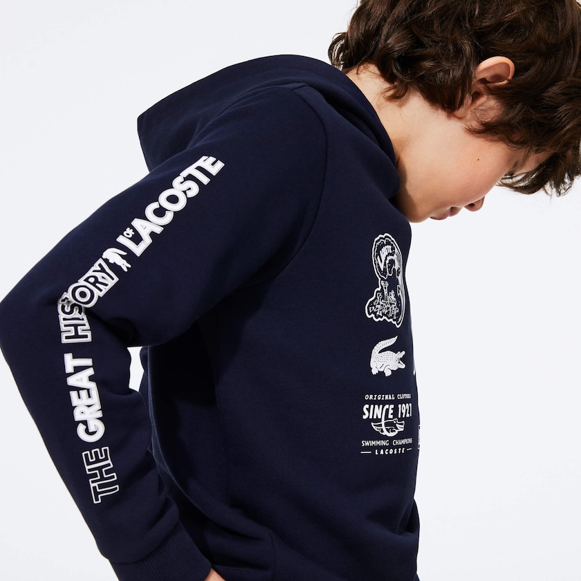 Kids' Lacoste Navy Blue / White Sweatshirts Signature Logos Cotton-Blend Hoodie JW9-29892U6